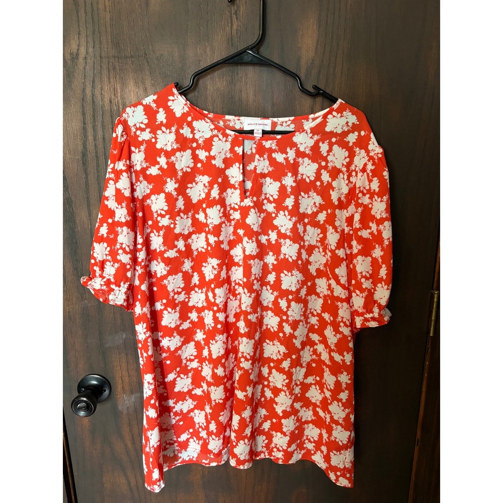 Molly & Isadora Women 2X Orange White Floral Split Neck Puff Sleeve Blouse Top